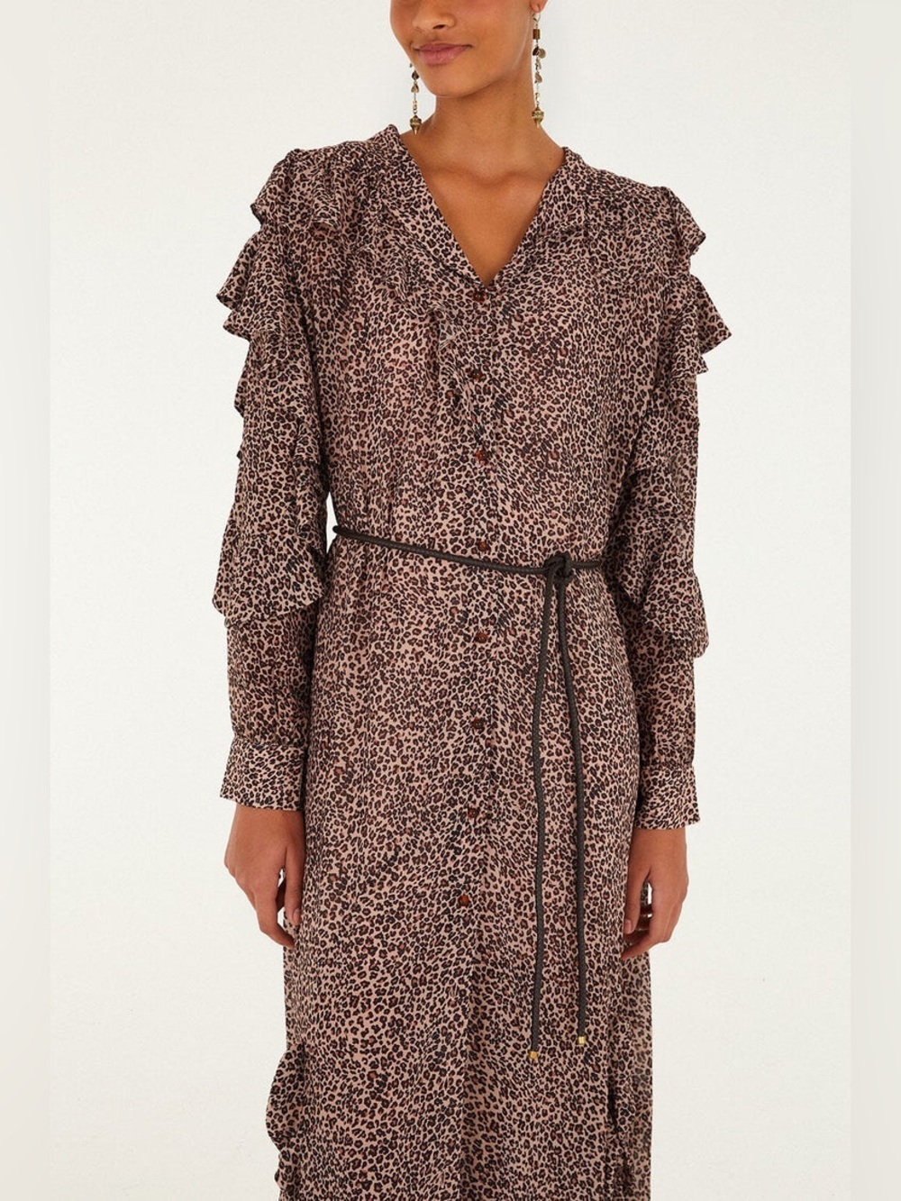 FARM RIO /Baby Leopard Long Ruffle Sleeve Maxi Shirt Dress - Sz. L - Picture 2 of 16